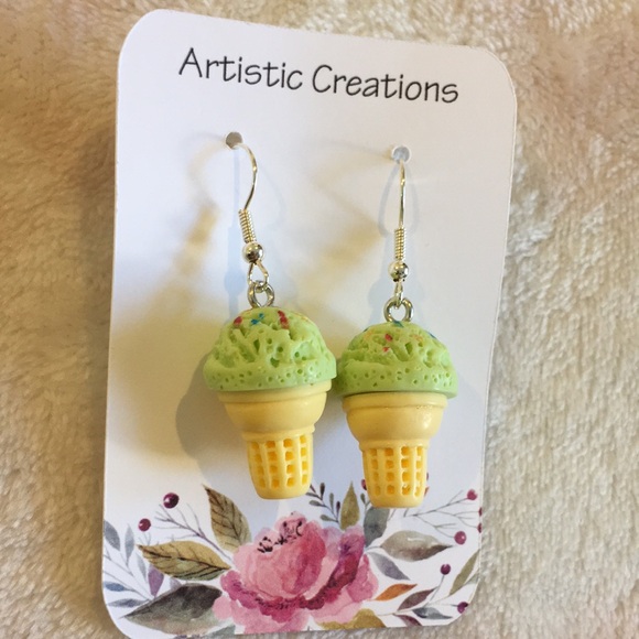 Green Matcha and Sprinkles Birthday Icecream Fashion Pierced Earrings NWT 1.50” - Picture 2 of 12